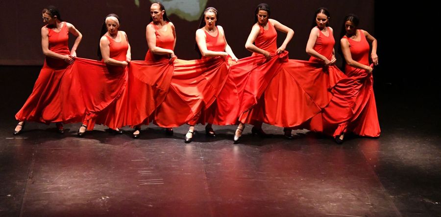 Sept danseuses de flamenco déploient leurs robes rouges en ligne.